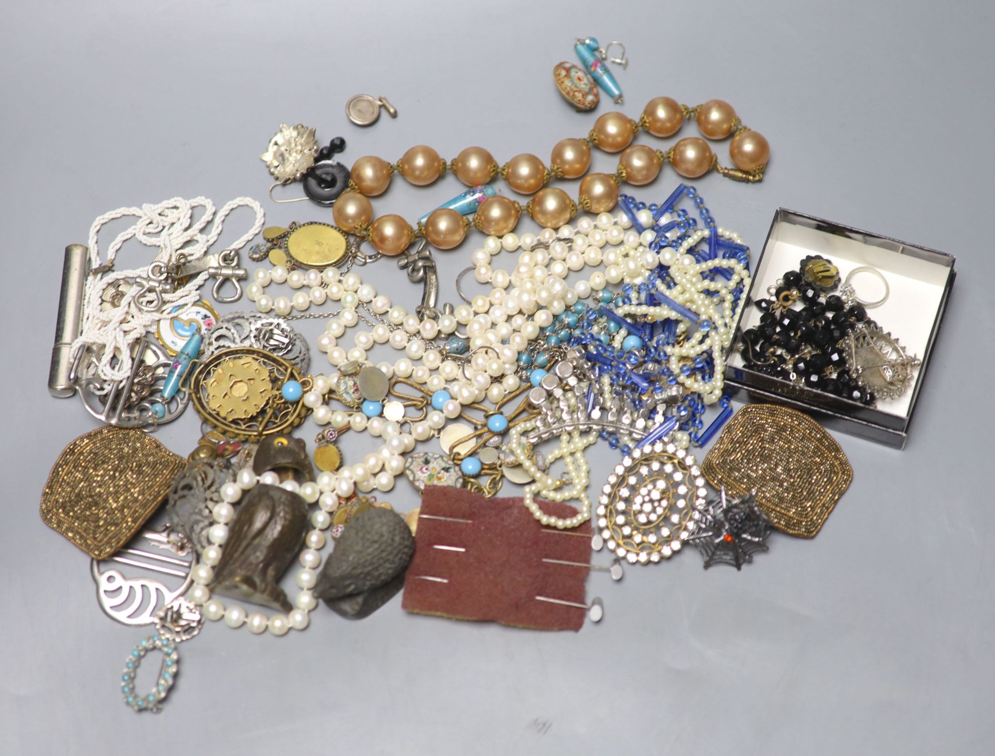 Mixed costume jewellery, including micro mosaic bracelets, paste set buckles, paste set brooch, etc.